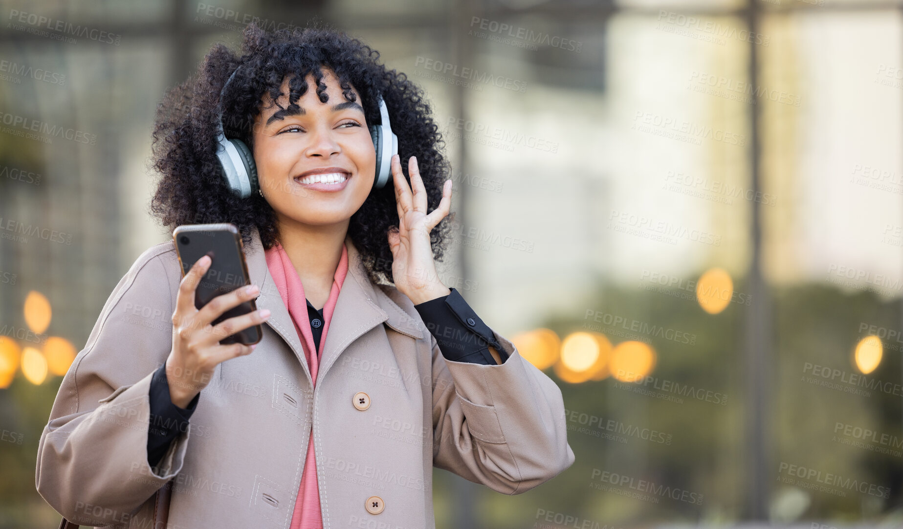 Buy stock photo Smile, happy or black woman with music in city, radio or podcast on headphones walking in street or to office. Startup, employee or worker travel on smartphone, 5g network or audio in New York
