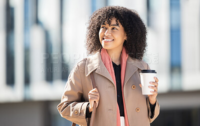 Buy stock photo Smile, coffee and business woman in city for morning, lunch break and wellness. Relax, happy and travel with girl employee walking in urban town with drink for start, career and professional mindset
