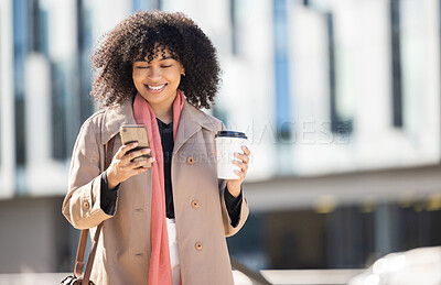 Buy stock photo Search, happy or black woman with phone for internet research, communication or networking. Tech, travel or girl professional in street on 5g smartphone for social network, blog review or media app