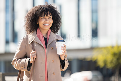 Buy stock photo Happy, coffee and business woman in city for morning, lunch break and wellness. Relax, travel and smile with girl employee walking in urban town with drink for start, career and professional mindset