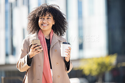 Buy stock photo City, happy or black woman with phone for internet research, communication or networking. Tech, smile or girl in  London street on 5g smartphone for social network, blog review or media app search