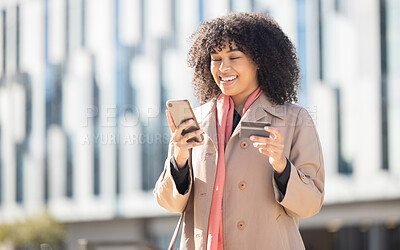 Buy stock photo Phone, online shopping or black woman with credit card for payment, internet purchase or ecommerce in London street. Fintech, happy or employee for trading, banking or investment with smile in city
