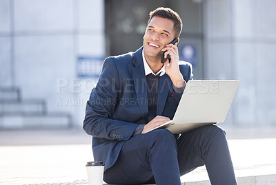 Buy stock photo Thinking, phone call or business man with laptop for internet research, communication or networking. Happy, smile or manager in London street on 5g smartphone for social network, web or blog review
