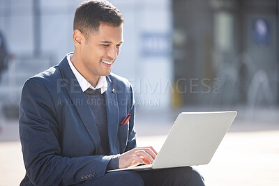 Buy stock photo Laptop, outdoor reading or businessman typing feedback review of financial portfolio, stock market or investment. Happy forex account manager, finance economy or trader trading crypto, bitcoin or NFT