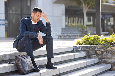 Buy stock photo Stairs, mental health and sad business man fired for trading investment fail, unemployment crisis or trader mistake. Depression mockup, office building or person with lost job over stock market crash
