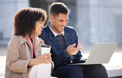 Buy stock photo Collaboration, thinking or business people with laptop for internet research, 5g or networking. Innovation, data analysis or teamwork in London street on tech for social network, web or blog search