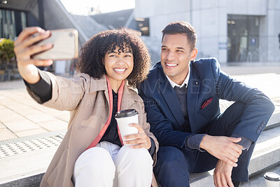 Buy stock photo Phone selfie, coffee break and businessman and happy woman with photo memory of relax people in New York. Corporate team, agent and African employee partnership of company worker on urban city stairs