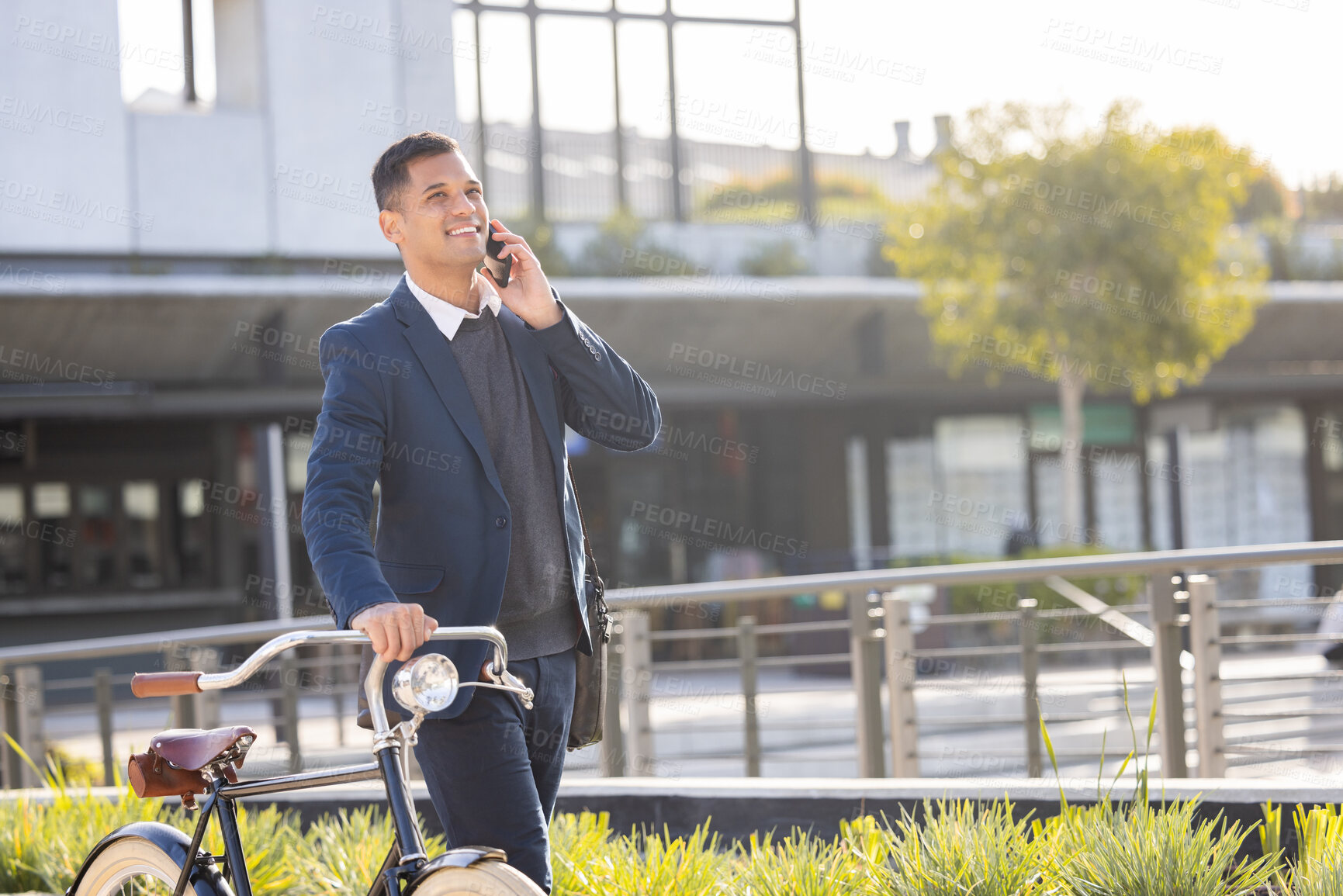 Buy stock photo Phone call, bike and commute with a business man in the city using eco friendly transport for work travel. Mobile, bicycle and communication with a male employee thinking about his carbon footprint