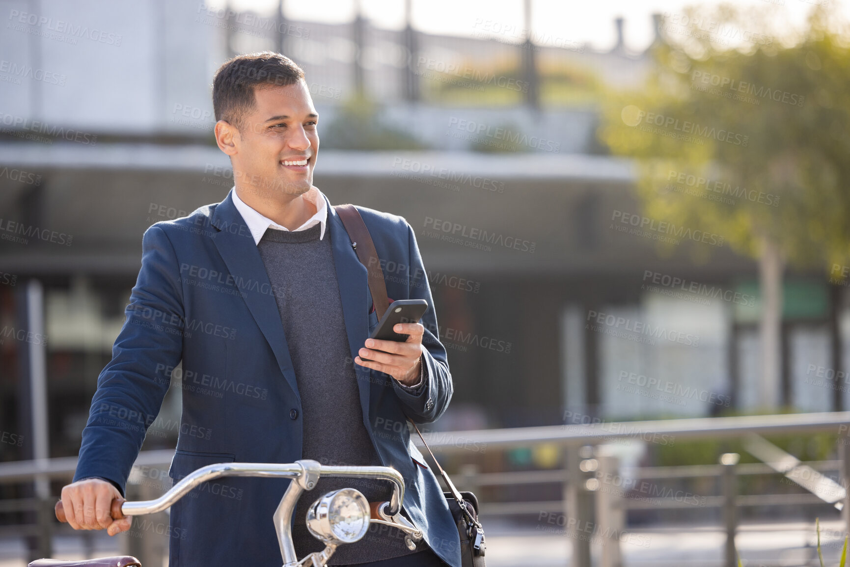 Buy stock photo Phone, bicycle and commute with a business man in the city using eco friendly transport for work travel. Mobile, bike and 5g mobile technology with a male employee thinking about his carbon footprint