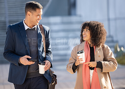 Buy stock photo Talking, coffee break and happy business people walking, smile or on travel journey in urban New York. Employee, tea or African worker, agent or partnership team on morning commute to office building