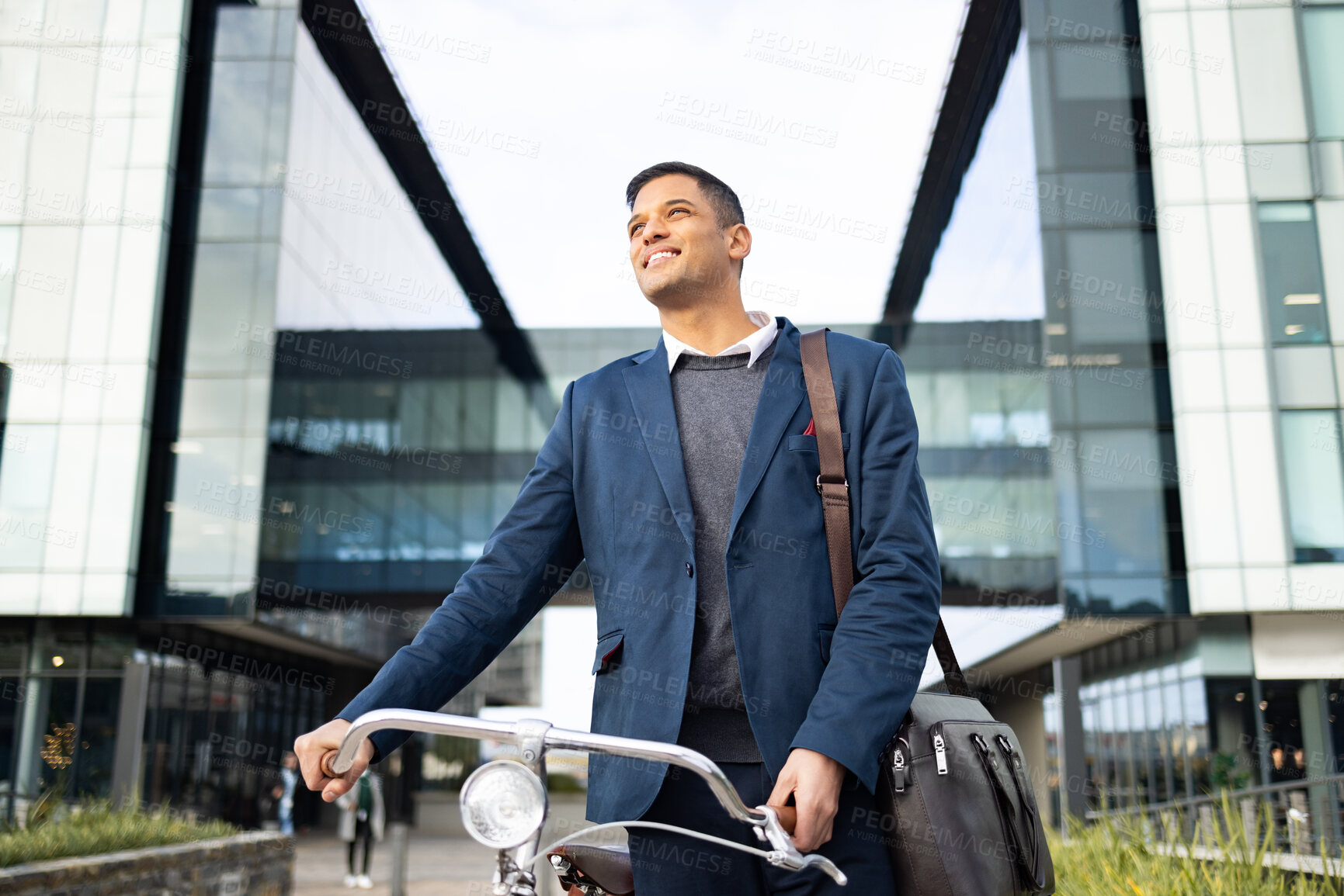 Buy stock photo Bicycle travel, walking and businessman cycling to work, corporate job or carbon neutral journey in New York city. Eco friendly transportation, architecture buildings or happy employee with bike
