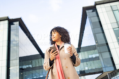 Buy stock photo City travel, phone or black woman walking to work, corporate job or relax commute journey in urban New York. Digital mobile, architecture buildings or bottom view of girl typing online website search