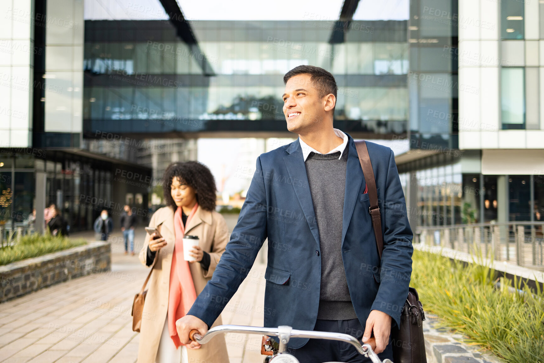 Buy stock photo Bike, commute and city with a business man using eco friendly transport for travel to his office for work. Bicycle, building and a male employee walking while thinking about carbon neutral commuting