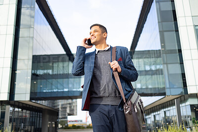 Buy stock photo Phone call, communication or business man walking, networking and talk on 5g conversation in New York. City architecture, employee or happy travel worker, agent or person commuting to office building