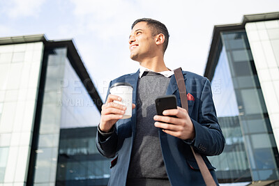 Buy stock photo Businessman at office building with phone, coffee and bag, happy waiting for online taxi service after work. City, business and success, man with smile and 5g smartphone standing outside workplace.