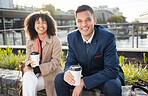 Businessman, black woman and portrait with coffee in city for success, collaboration or career goals with smile. Team building vision, finance job and business people with happiness in urban metro