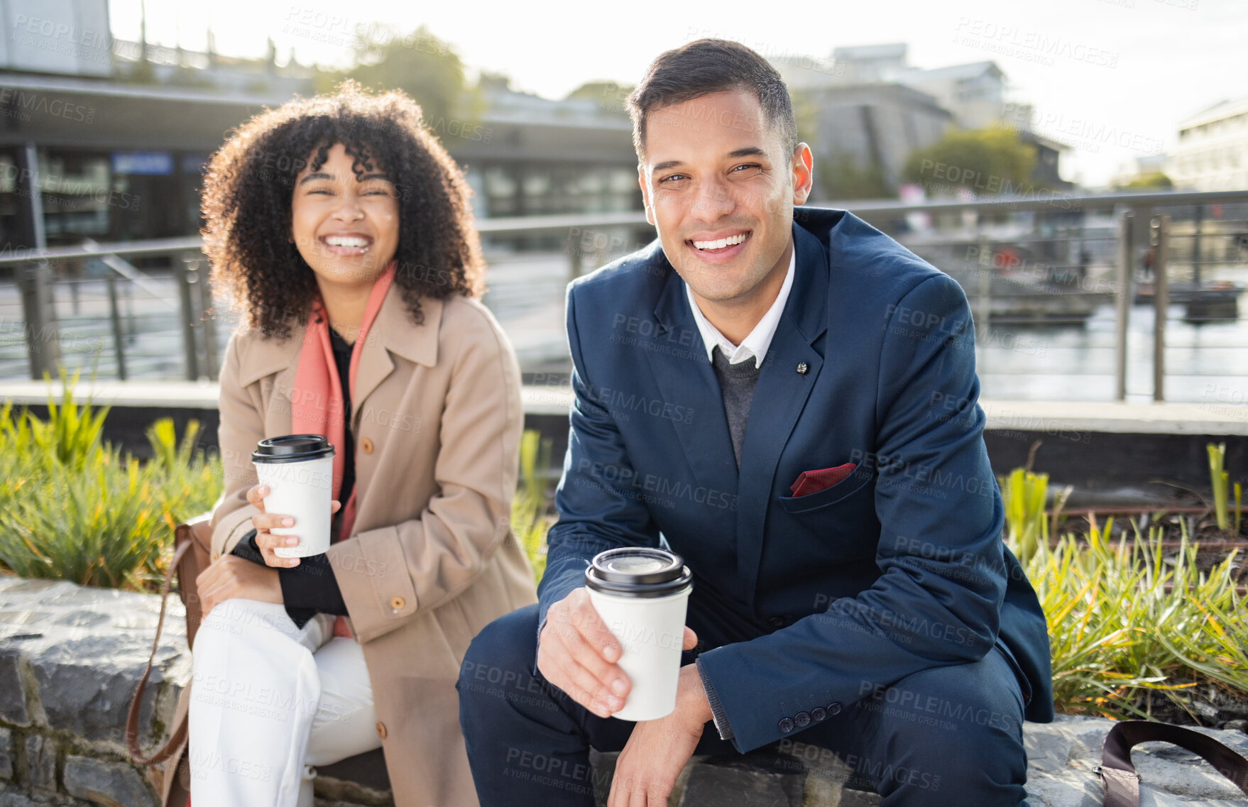 Buy stock photo Businessman, black woman and portrait with coffee in city for break, friends or lunch chat with smile. Team building, conversation and business people with happiness, relax and outdoor in urban metro