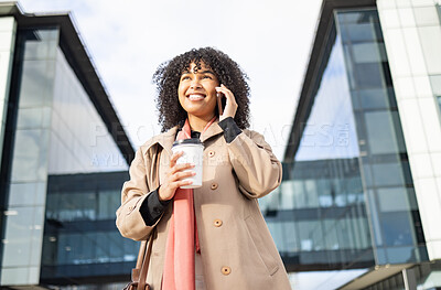 Buy stock photo Phone call conversation, walking and happy black woman networking, talking and on 5g communication in New York. Urban architecture, agent or relax professional on morning commute to office building
