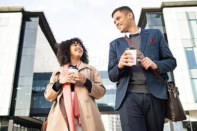 Buy stock photo Conversation, coffee break and happy business people walking, talking or travel in urban New York. Architecture, black woman or employee partnership team on morning commute journey to office building
