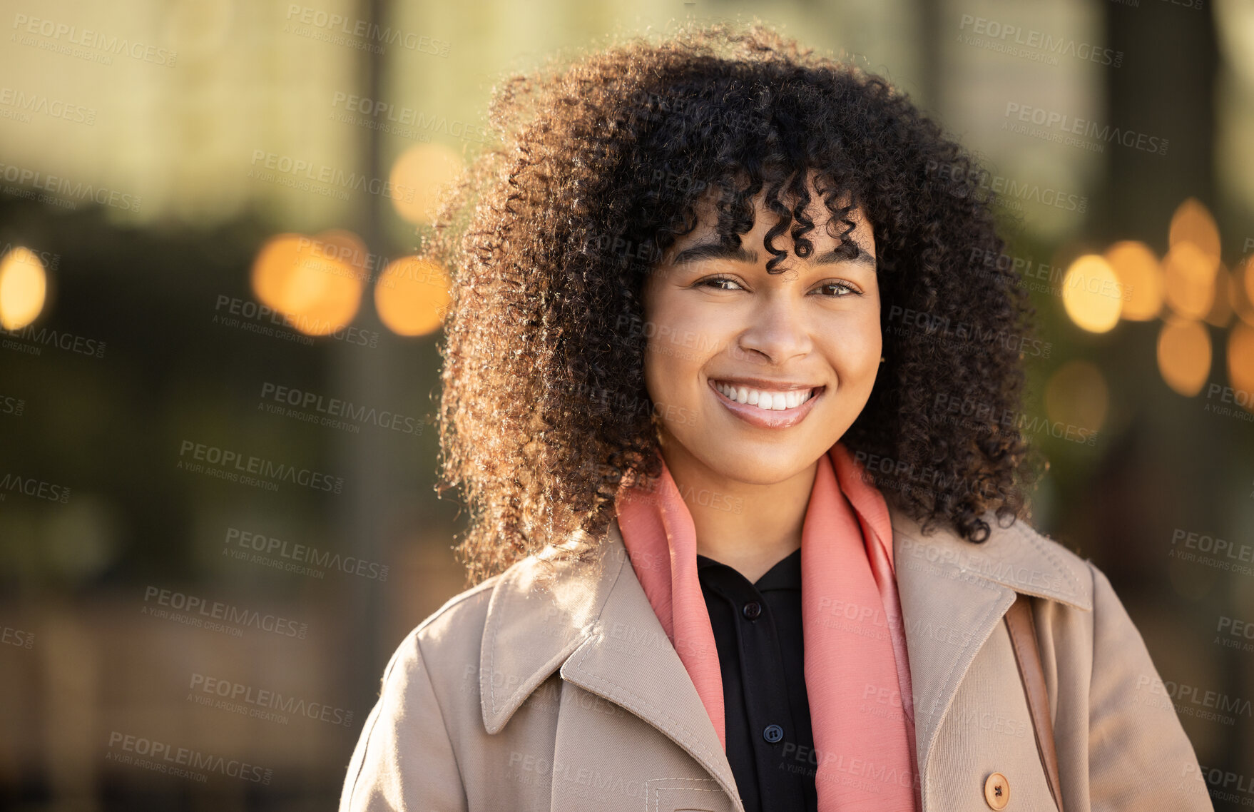 Buy stock photo Black woman, portrait and city travel with a happy smile while outdoor on London street with freedom. Smiling face of young person with natural afro hair, beauty and fashion style during holiday walk