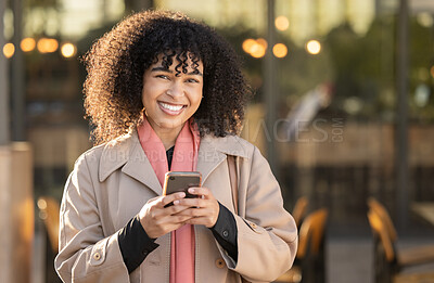 Buy stock photo Travel, portrait or black woman with phone for networking, social media or communication in London street. Search, happy or professional on smartphone for research, internet or blog content outdoor