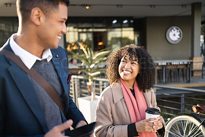 Buy stock photo Communication, coffee break and happy business people walking, talking or travel in San Francisco. Architecture, black woman or employee partnership team on morning commute journey to office building