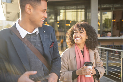 Buy stock photo Coffee break, laugh or talking business people walking, commute or travel in urban New York city. Funny conversation, black woman or communication of employee partnership team on morning work journey