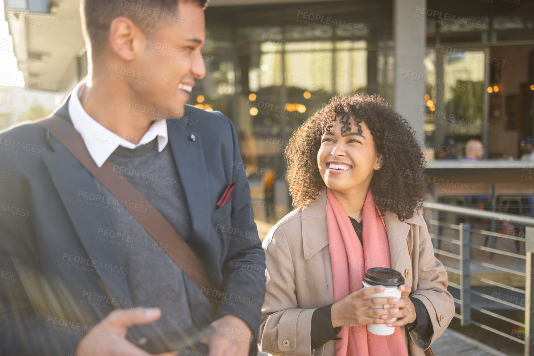 Buy stock photo Coffee break, laugh or talking business people walking, commute or travel in urban New York city. Funny conversation, black woman or communication of employee partnership team on morning work journey