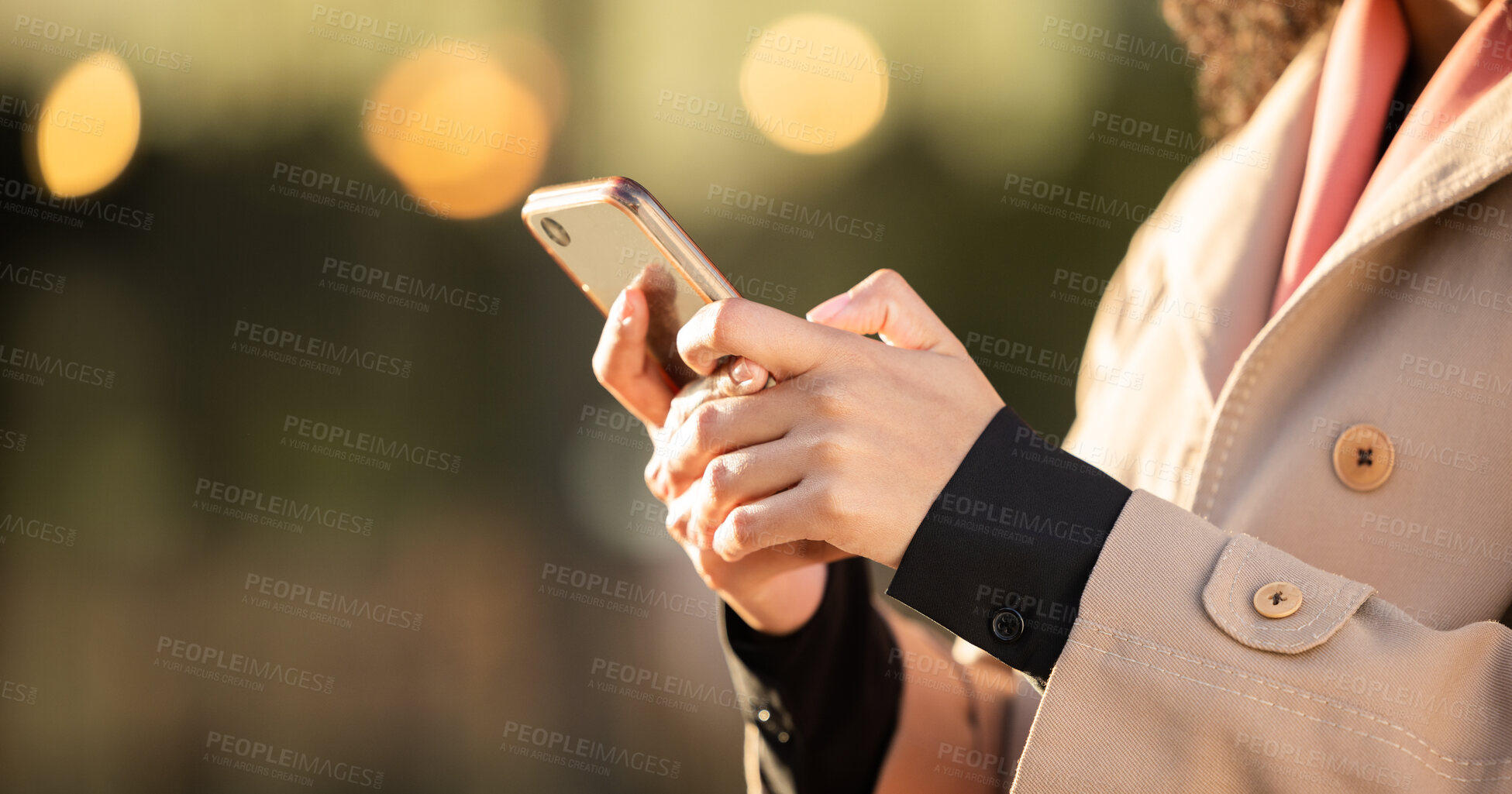 Buy stock photo Hands, communication or business woman with phone for networking or social media in London street. Search, travel or manager with 5g smartphone for research, internet or blog content review outdoor