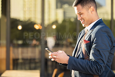 Buy stock photo Hands, travel or business man with phone for networking, social media or communication in London street. Search, happy or manager with smartphone for research, internet or blog content review outdoor