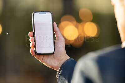 Buy stock photo Mockup, screen or business man on phone for networking, social media or communication in London street. Search, travel or employee on smartphone for research, internet or blog content review outdoor