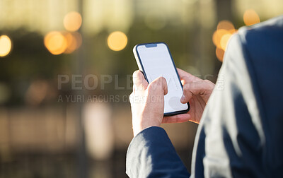 Buy stock photo Hands, mockup or business man with phone for networking, social media or communication in London street. Search, travel or manager on smartphone for research, internet or blog content review outdoor