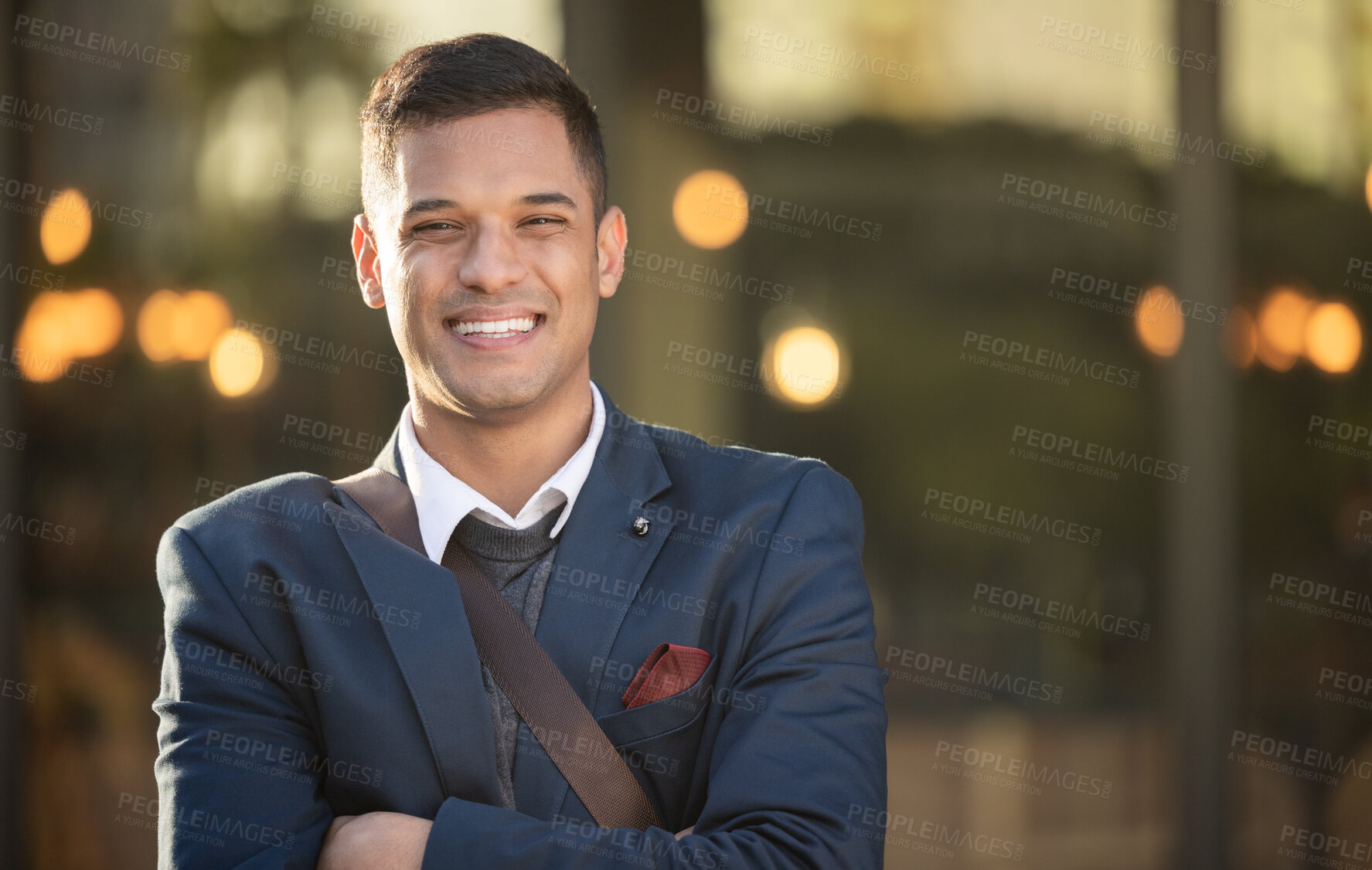 Buy stock photo Young businessman, happy and portrait in urban city standing crossed arms for success, positive mindset and happiness. Corporate man, smile and confident face for business achievement in cityscape