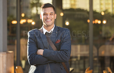 Buy stock photo Businessman, smile and portrait in urban city standing crossed arms for success, positive mindset and happiness outdoor. Corporate man, happy and confident face for business achievement in cityscape