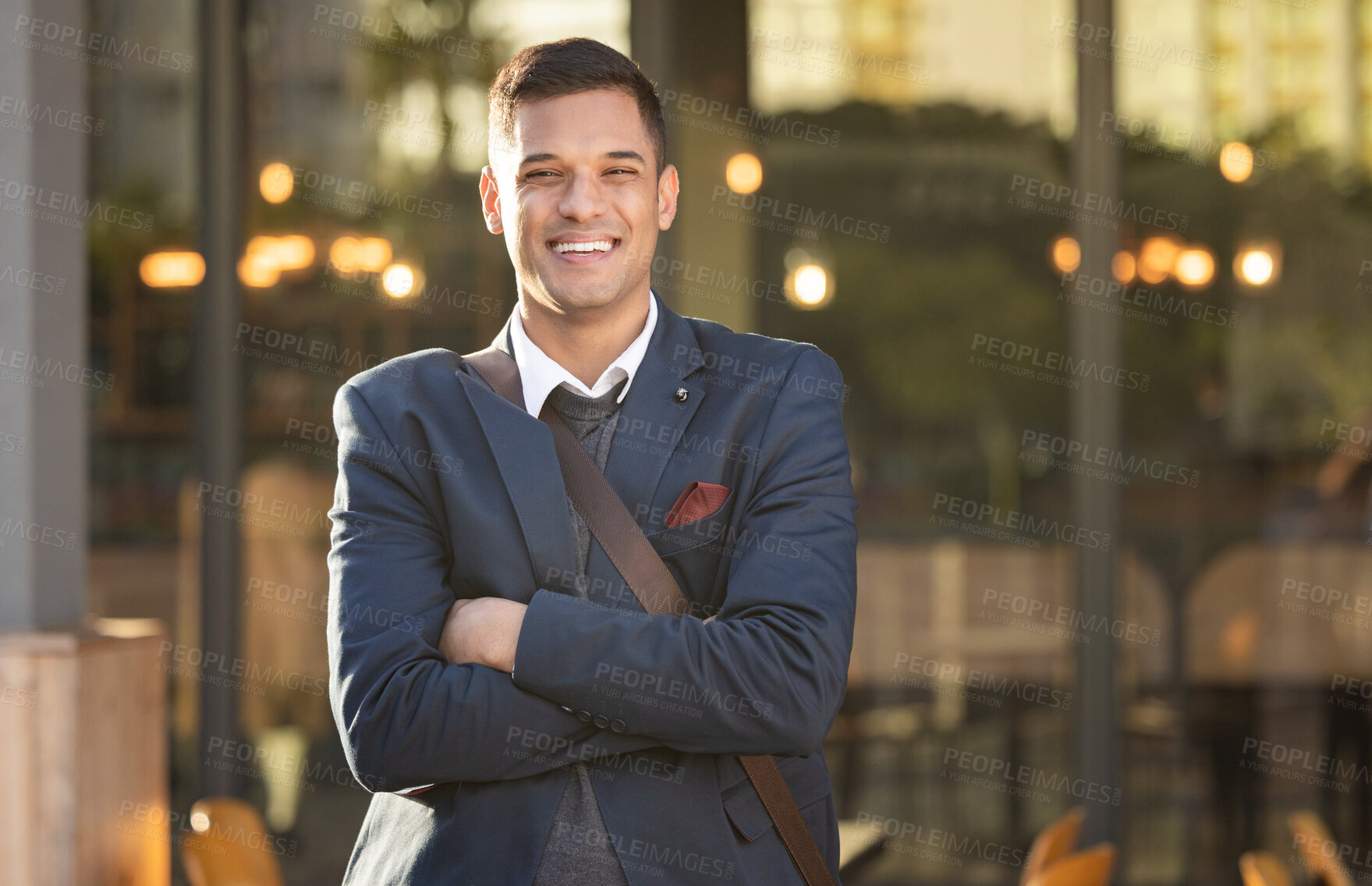 Buy stock photo Businessman, smile and portrait in urban city standing crossed arms for success, positive mindset and happiness outdoor. Corporate man, happy and confident face for business achievement in cityscape