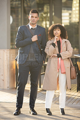 Buy stock photo Urban city portrait, confidence or business people, real estate agent or property investment team with pride in job career. Corporate partnership, black woman and man standing in San Francisco street