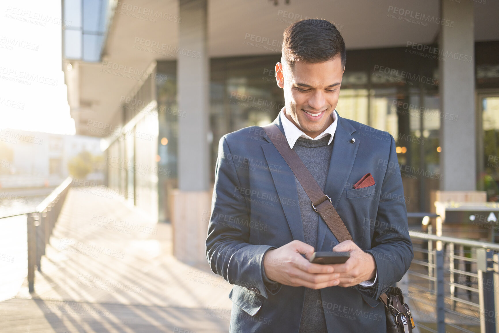 Buy stock photo Happy, business man or travel with phone for networking, social media or communication in London street. Search, email or professional on 5g smartphone for research, internet or blog review outdoor