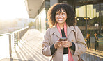 City, phone and walking black woman travel to work, corporate job or relax commute journey in urban New York. Digital mobile tech, mockup and happy girl typing online website search for morning news