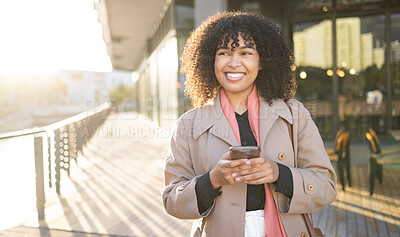 Buy stock photo City, phone and walking black woman travel to work, corporate job or relax commute journey in urban New York. Digital mobile tech, mockup and happy girl typing online website search for morning news