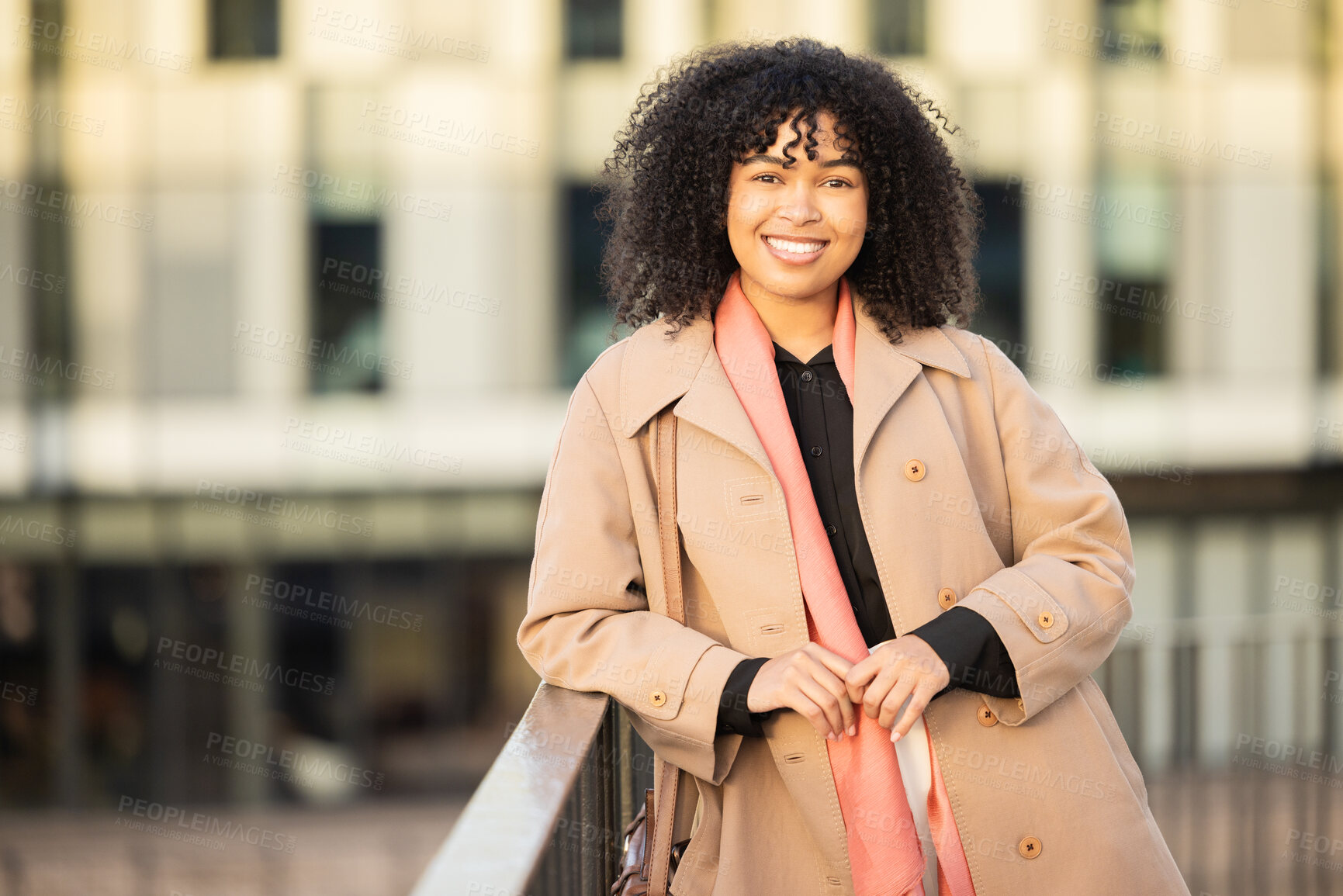 Buy stock photo Portrait, fashion and city with a business black woman outdoor in the morning on her commute to work. Working, vision or mindset and a female employee with a mission of future growth or success