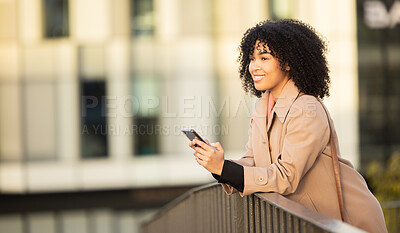 Buy stock photo Search, travel or black woman with phone for internet research, communication or networking. Happy, smile or professional in London street on 5g smartphone for social network, web or blog review
