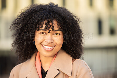 Buy stock photo Black woman, smile portrait and city travel while happy outdoor on London street with freedom. Face of young model person with natural afro hair, beauty and fashion style during a walk on holiday