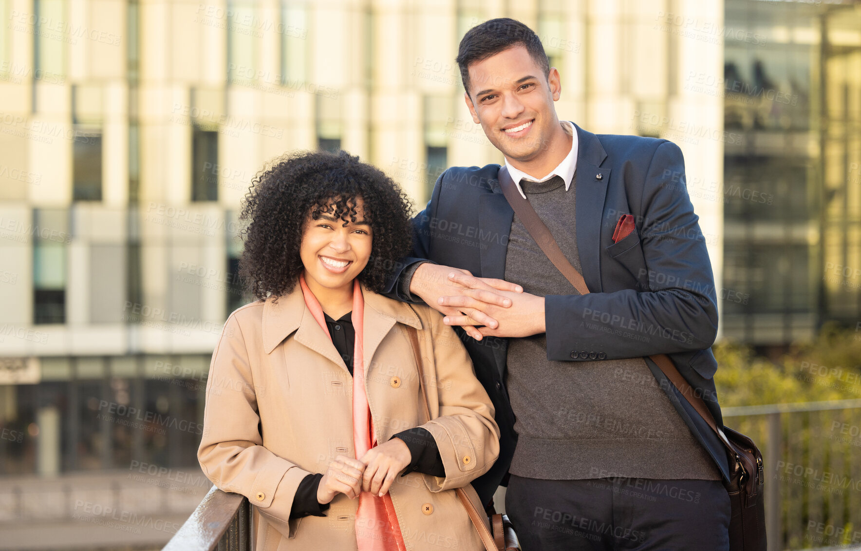 Buy stock photo Portrait, collaboration or city with a business man and woman together outdoor for future growth or success. Teamwork, mindset and vision with a male and female emloyee team standing in an urban town