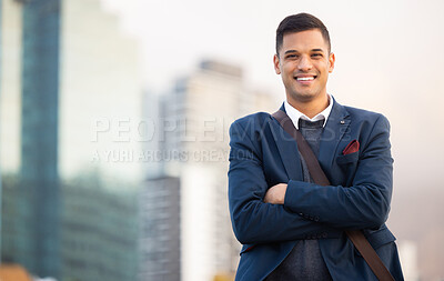 Buy stock photo Architecture buildings, portrait and happy businessman, real estate agent or property investment agent with pride in career. Architect, mockup or corporate employee with arms crossed in San Francisco