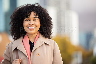 Buy stock photo Black woman, business portrait and city travel with smile outdoor on New york street happy about freedom. Face of young person with natural hair, beauty and fashion on walk with urban buildings space