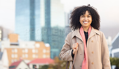 Buy stock photo Black woman, business portrait and smile of a young professional happy by urban building. Worker, city smiling and happiness of a female employee by buildings excited about work success with mock up