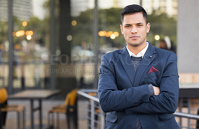 Buy stock photo City portrait, confidence and business man, real estate agent  or property developer with arms crossed in urban New York street. Mockup worker, confident person or businessman with serious expression