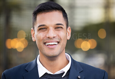Buy stock photo Businessman, happy portrait and outdoor city for leader success, corporate management or happiness vision. Male, smile face and manager positive mindset energy, achievement or confident in New York

