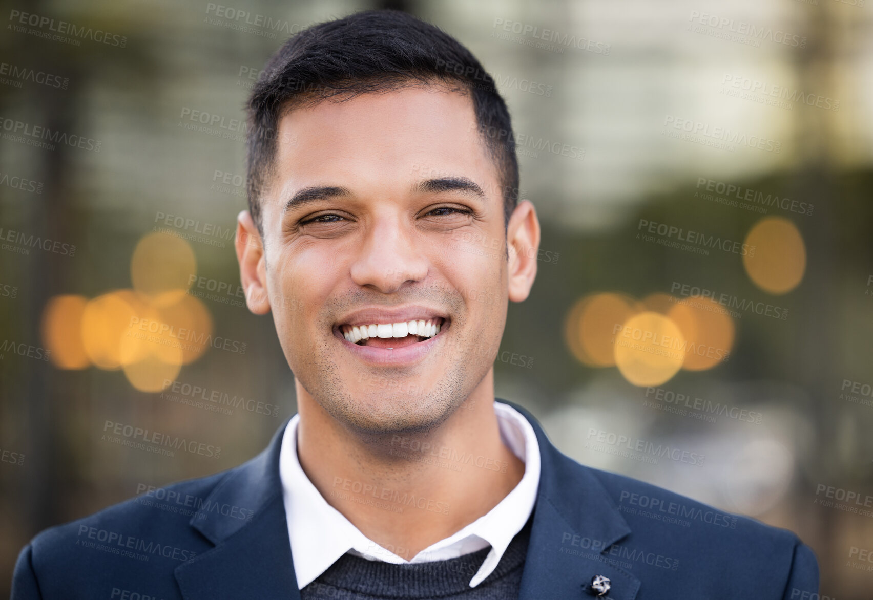 Buy stock photo Businessman, happy portrait and outdoor city for leader success, corporate management or happiness vision. Male, smile face and manager positive mindset energy, achievement or confident in New York

