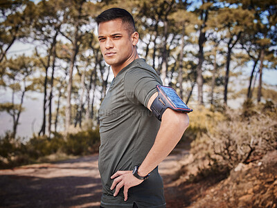 Buy stock photo Portrait, fitness and man exercise on mountains in nature, forest and environment for healthy wellness. Sports person, guy and athlete training at trees, woods and outdoor hiking for Colorado workout